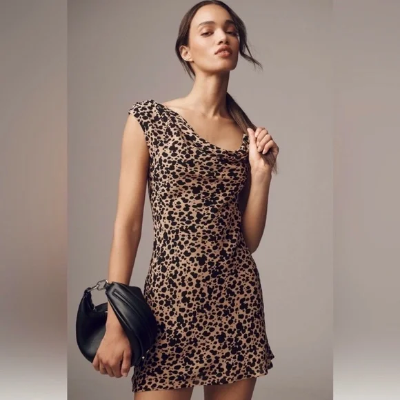 Reformation Kristine Women's Asymmetrical Neckline Leopard Print Mini - Picture 1 of 9